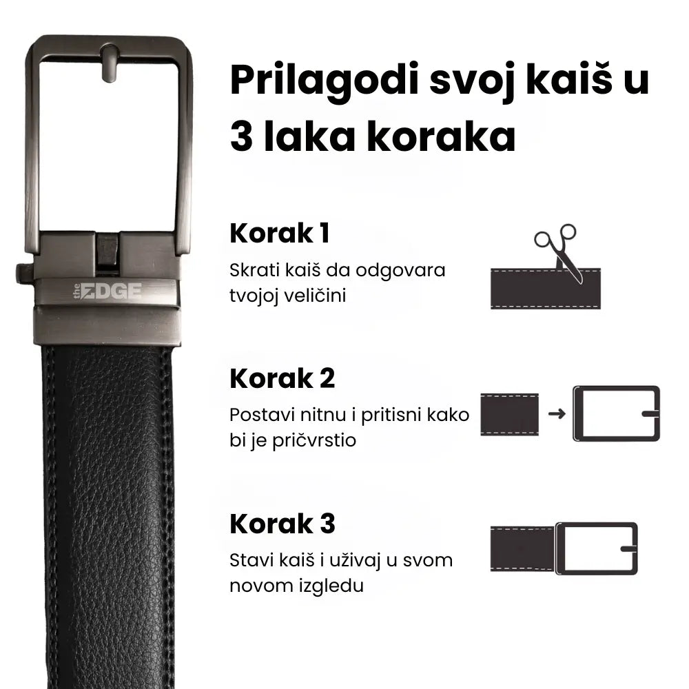 Prvi korak skraćivanja kaiša: jednostavno otvaranje mehanizma na poleđini kopče. Drugi korak: odsecanje viška prave kože makazama kako biste dobili idealnu dužinu kaiša. Treći korak: zaklapavanje mehanizma kopče nakon skraćivanja za savršeno pristajanje.