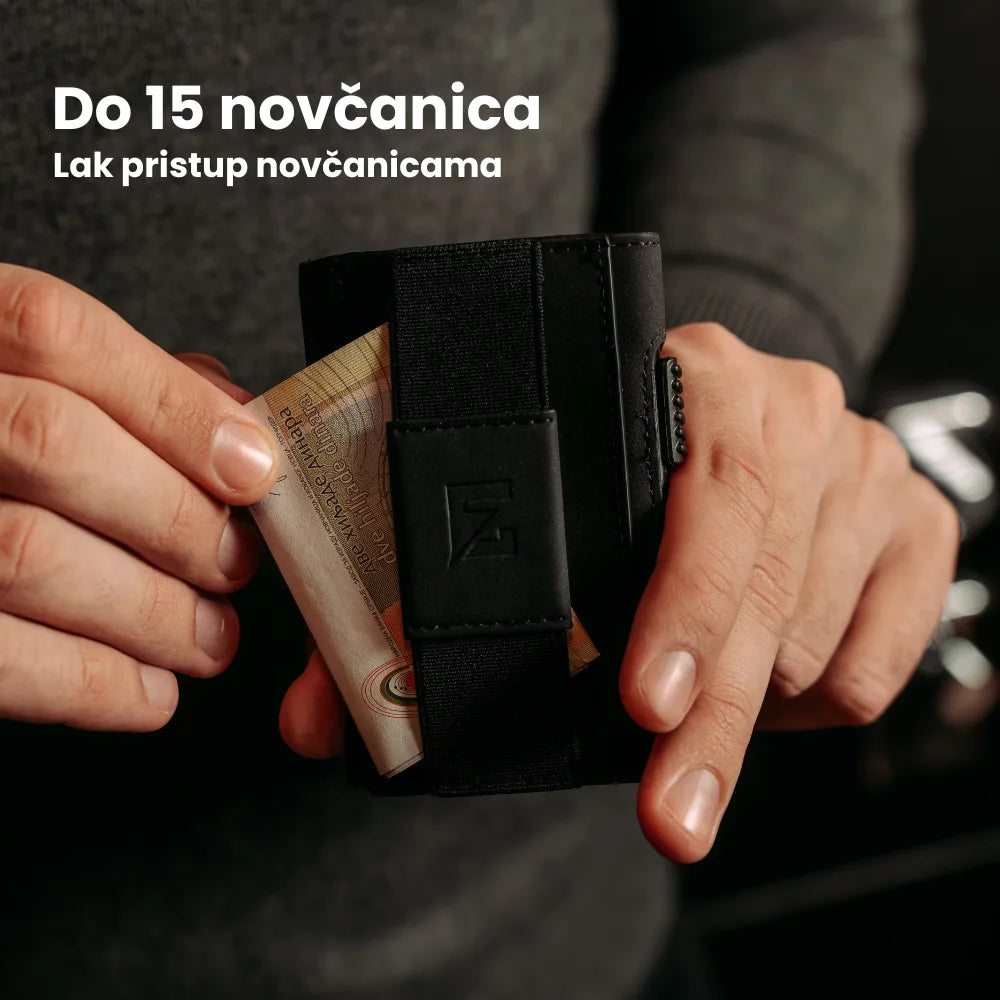 Prikaz praktičnog i sigurnog odlaganja papirnih novčanica u crni minimalistički Edge Click Classic novčanik.