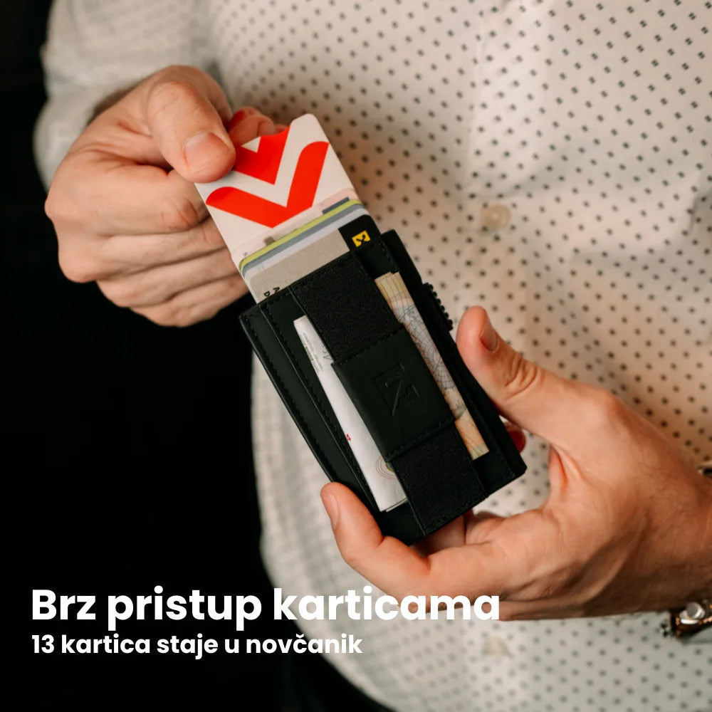 Aluminijumski pop-up mehanizam za brzo i pregledno izvlačenje kartica na crnom Edge novčaniku