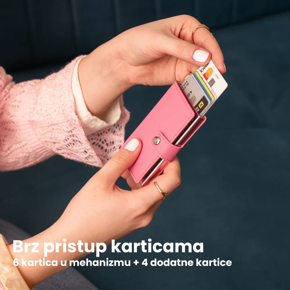 Aluminijumski pop-up mehanizam za brzo izvlačenje kartica sa RFID zaštitom na ženskom Edge novčaniku.