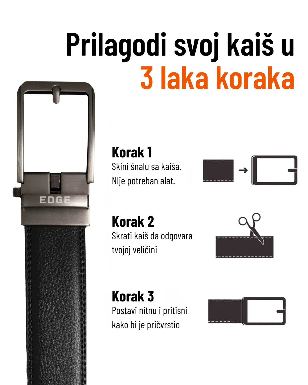 Prilagodi svoj EDGE kaiš u 3 laka koraka: skini šnalu, skrati, postavi nitnu