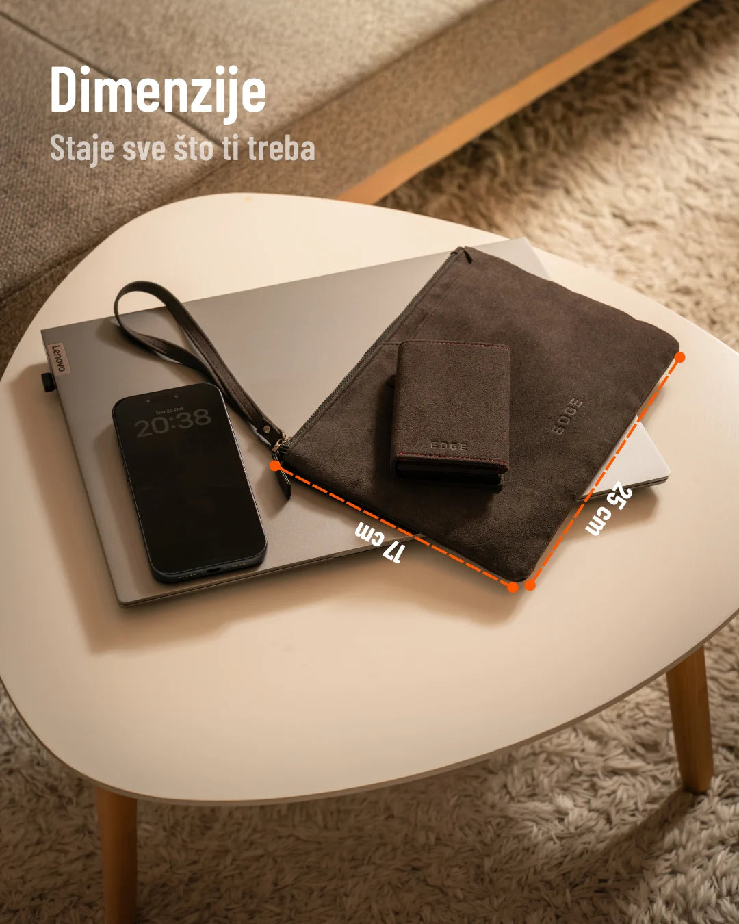 Dimenzije torbice za ruku EDGE 25 x 17 cm, pored telefona, novčanika i laptopa