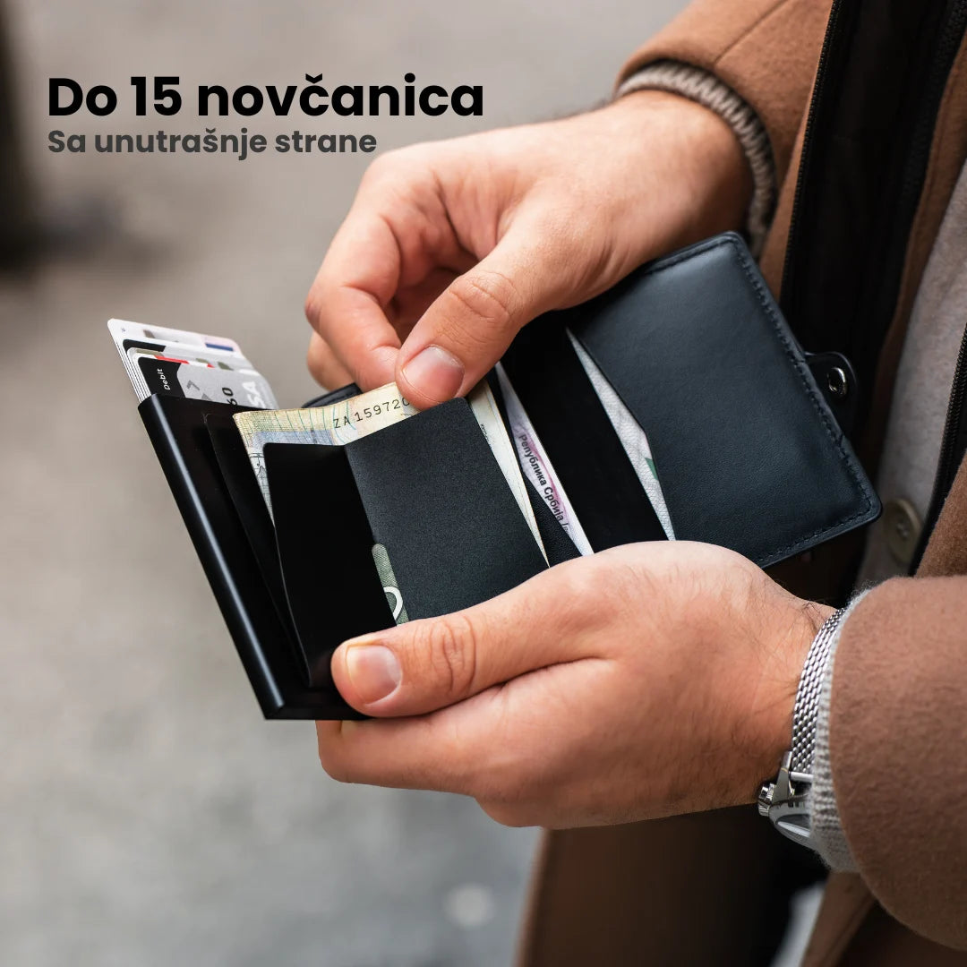 Lako i pregledno odlaganje do 15 papirnih novčanica u unutrašnji preklop pametnog kožnog novčanika Edge Click Leather